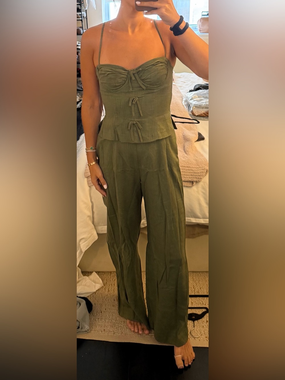 Zara Olive Green Wide-Leg Jumpsuit with Tie Front